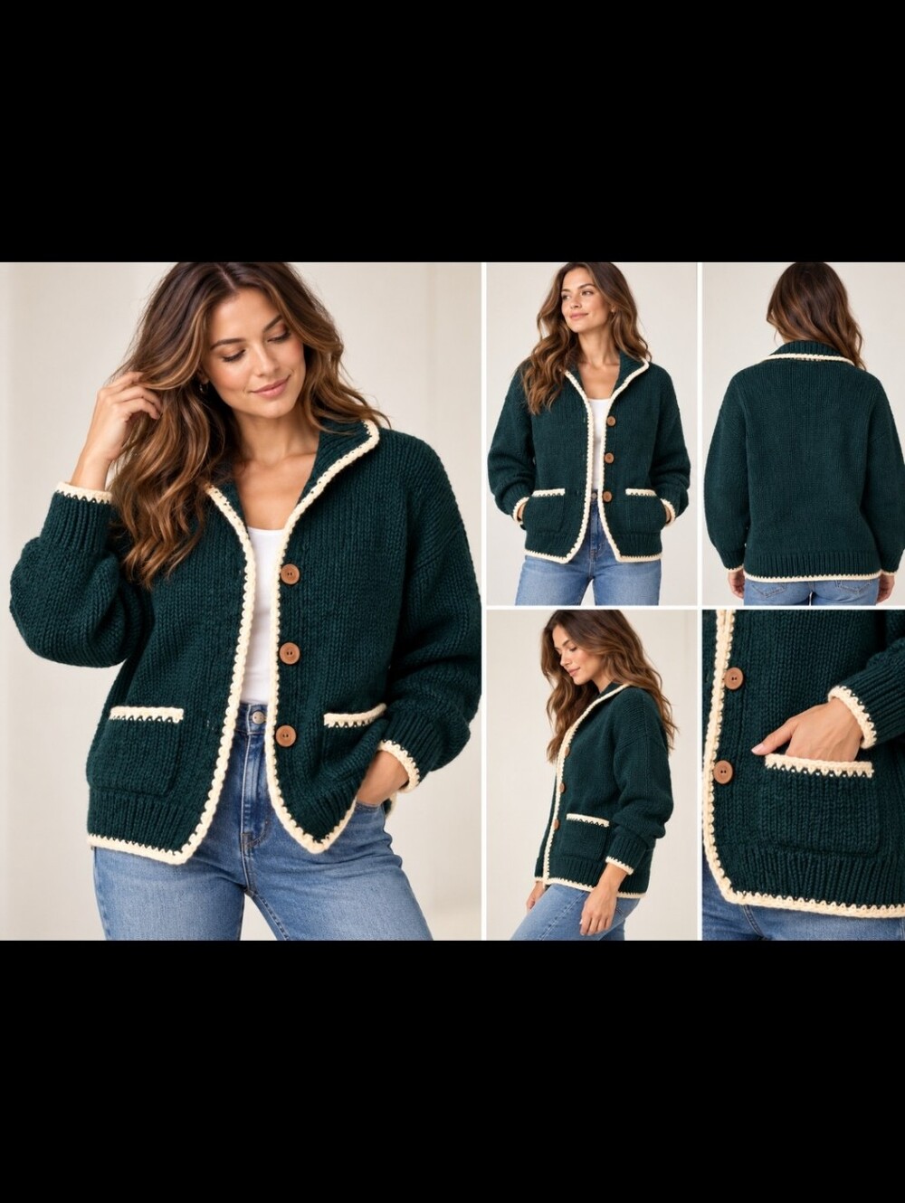 Vintage Joseph Anthony Handknit 100% Wool Cardigan Teal Green Cream Trim Large